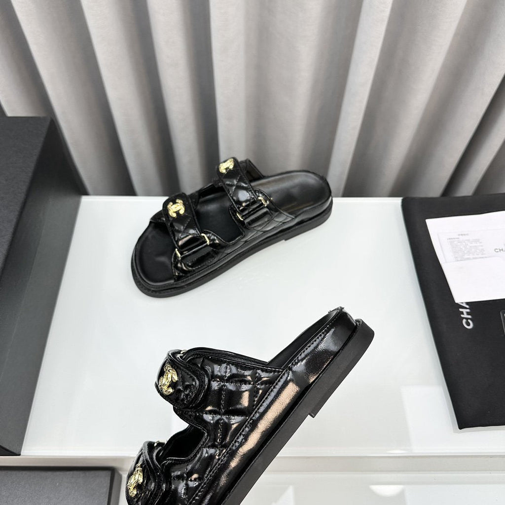 CHANEL DAD SANDALS BLACK PATENT LAMBSKIN MULES