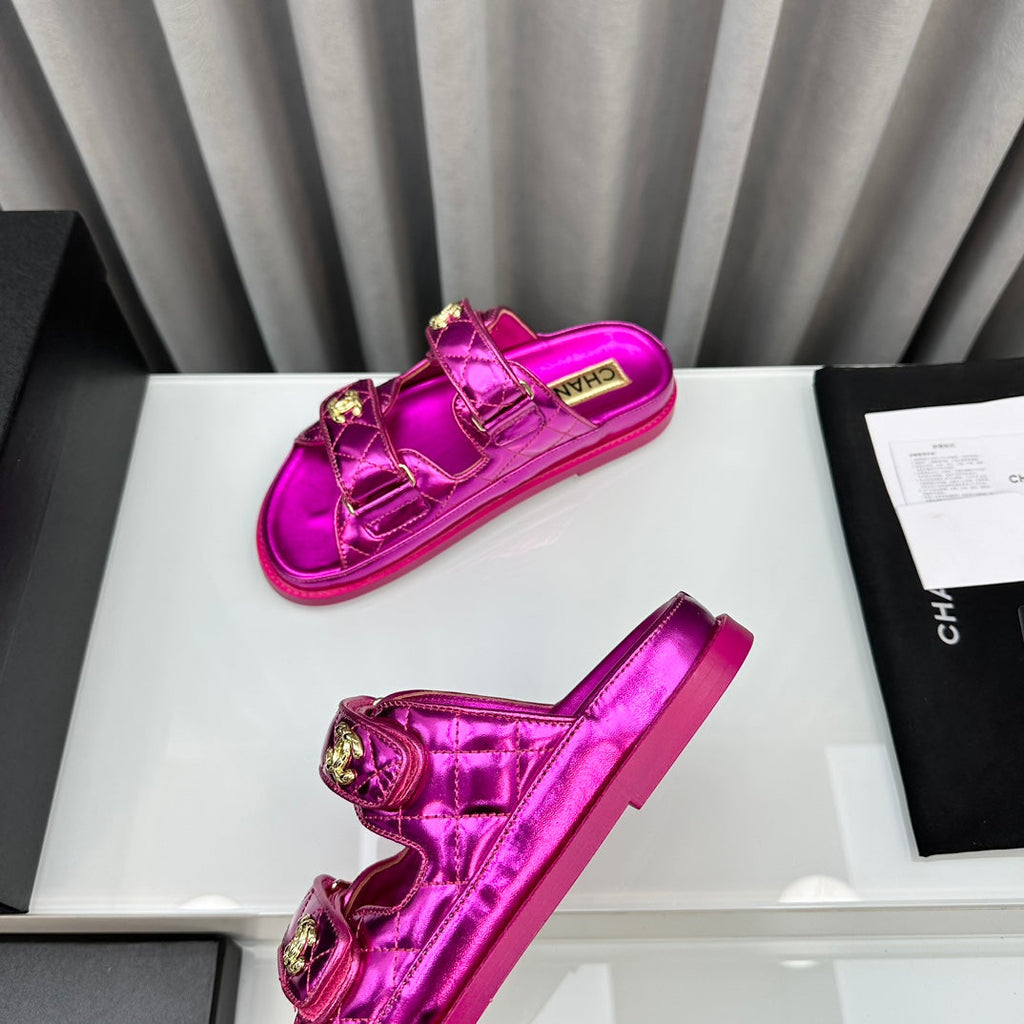 CHANEL dad sandals dark pink metalic lambskin mules