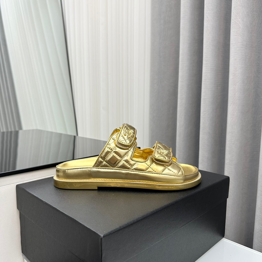 CHANEL dad sandals gold metalic lambskin mules