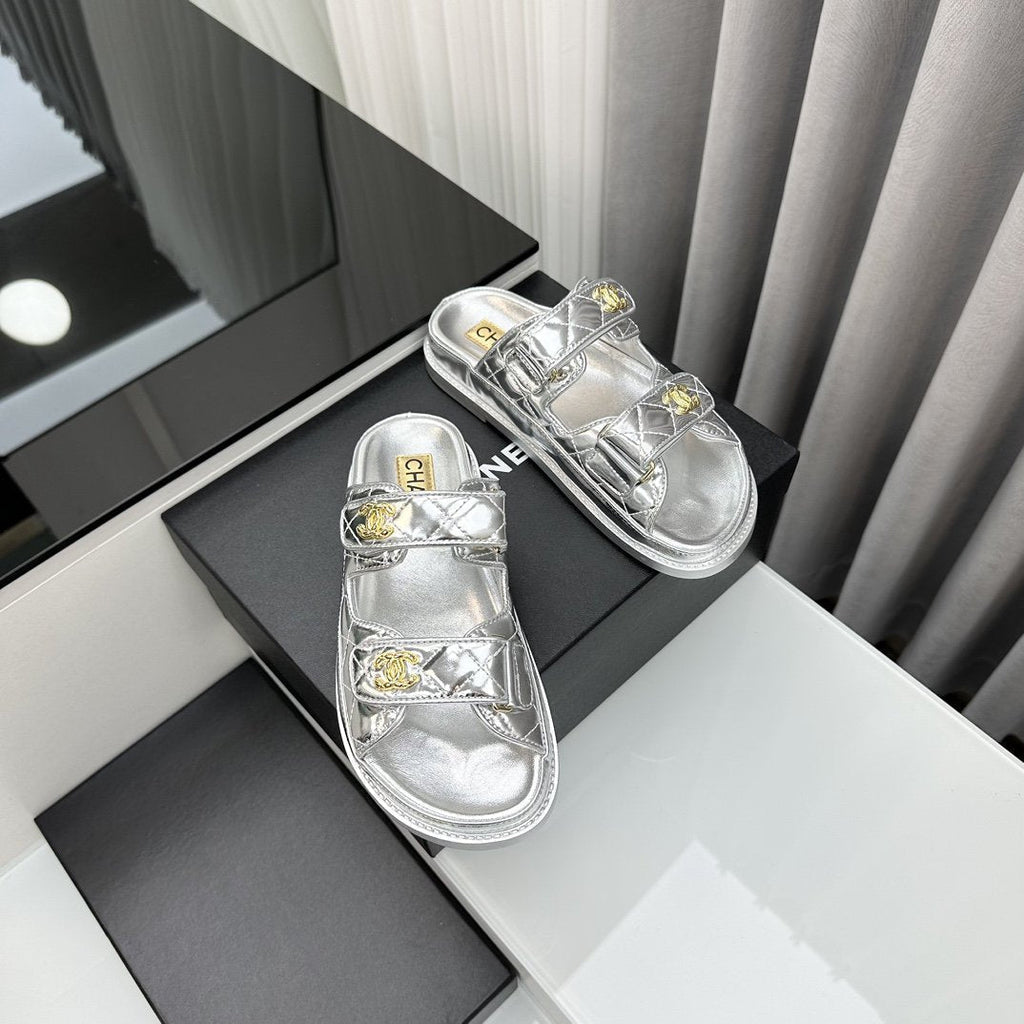 CHANEL dad sandals silver metalic lambskin mules