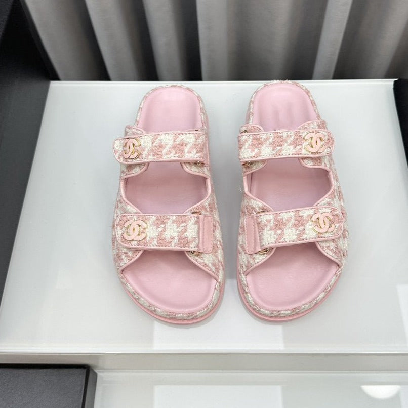 CHANEL dad sandals pink white mules