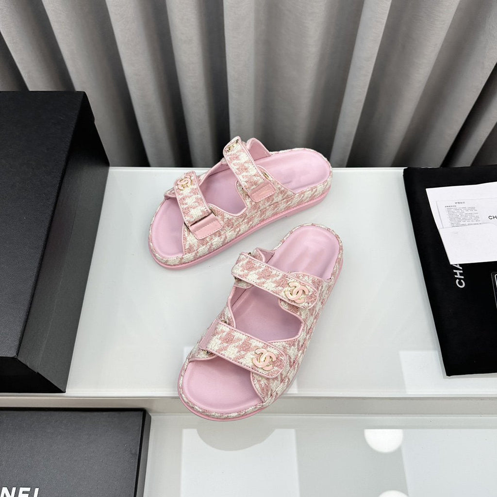 CHANEL dad sandals pink white mules