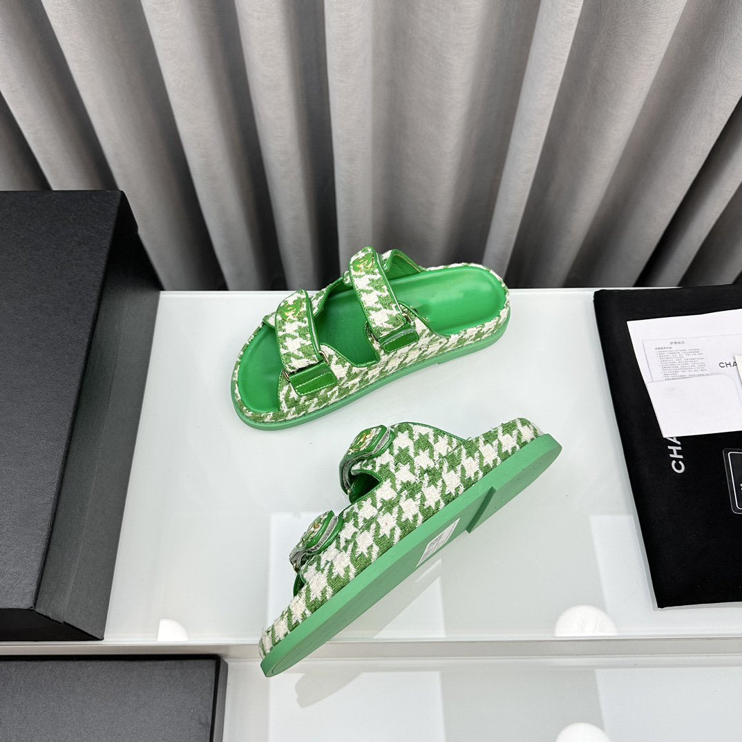CHANEL dad sandals green white mules