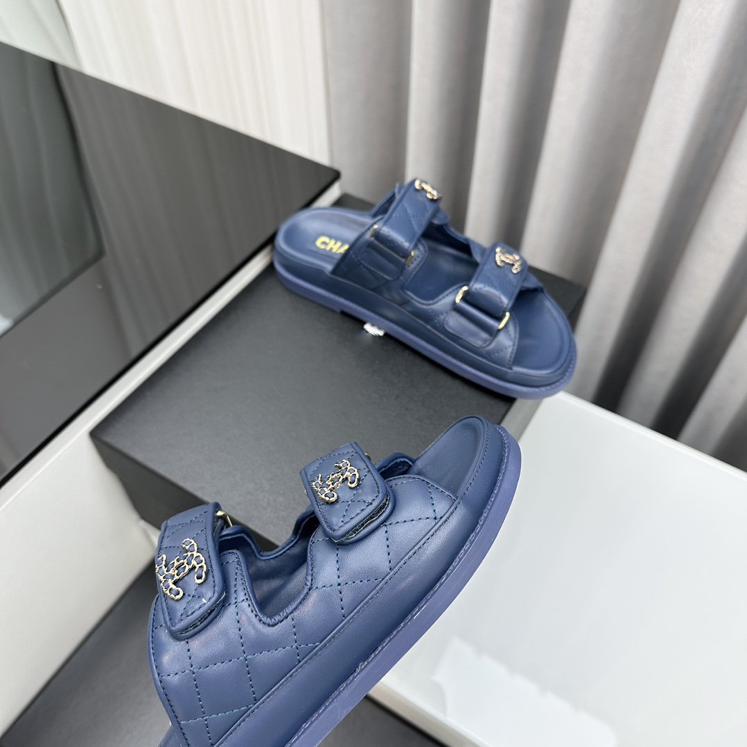 CHANEL dad sandals blue lambskin mules