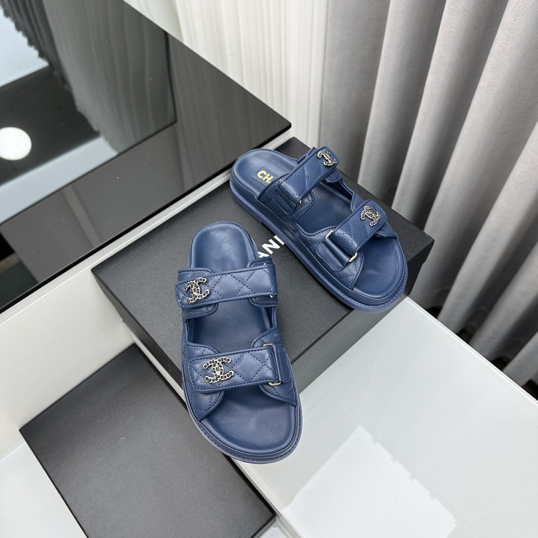 CHANEL dad sandals blue lambskin mules