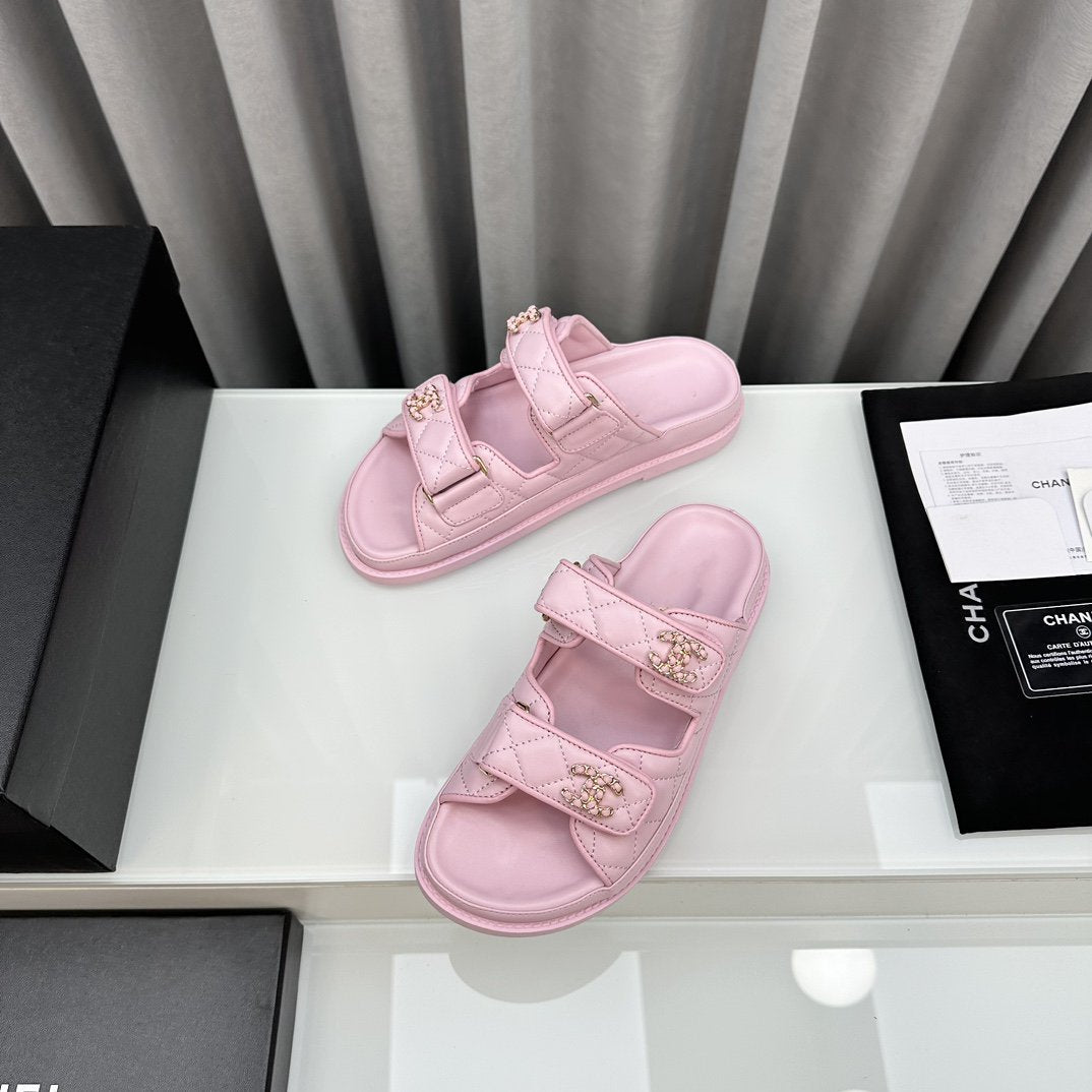 CHANEL dad sandals pink lambskin mules