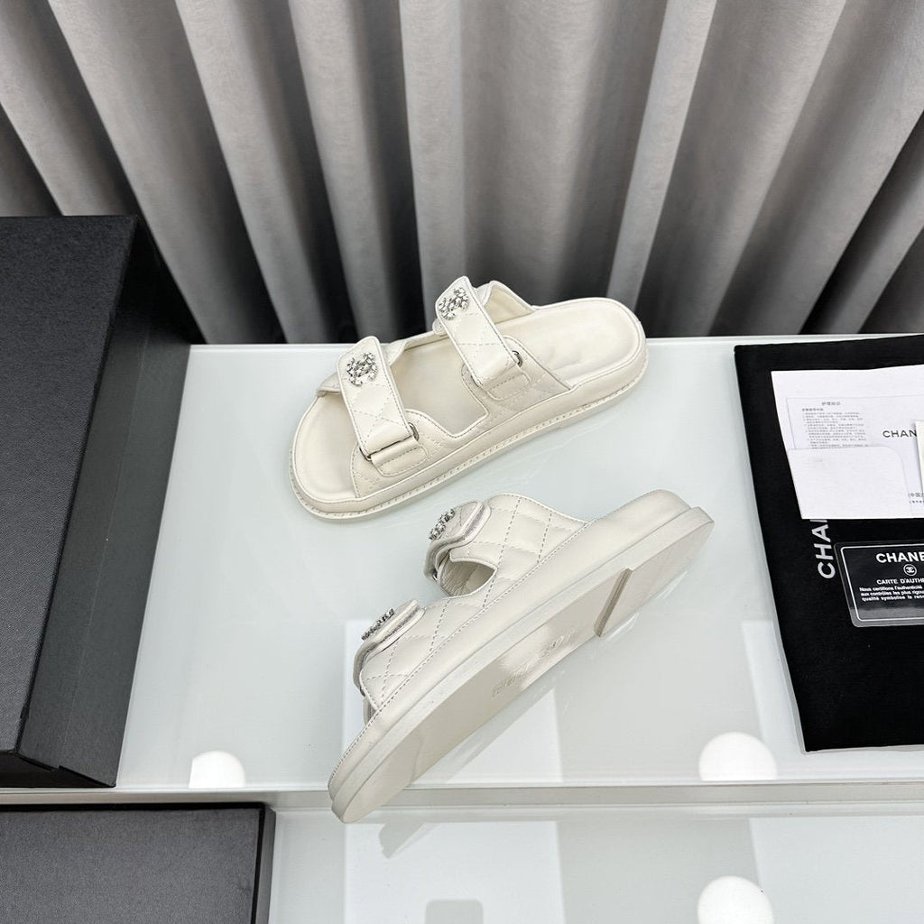 CHANEL dad sandals white lambskin interwoven leather