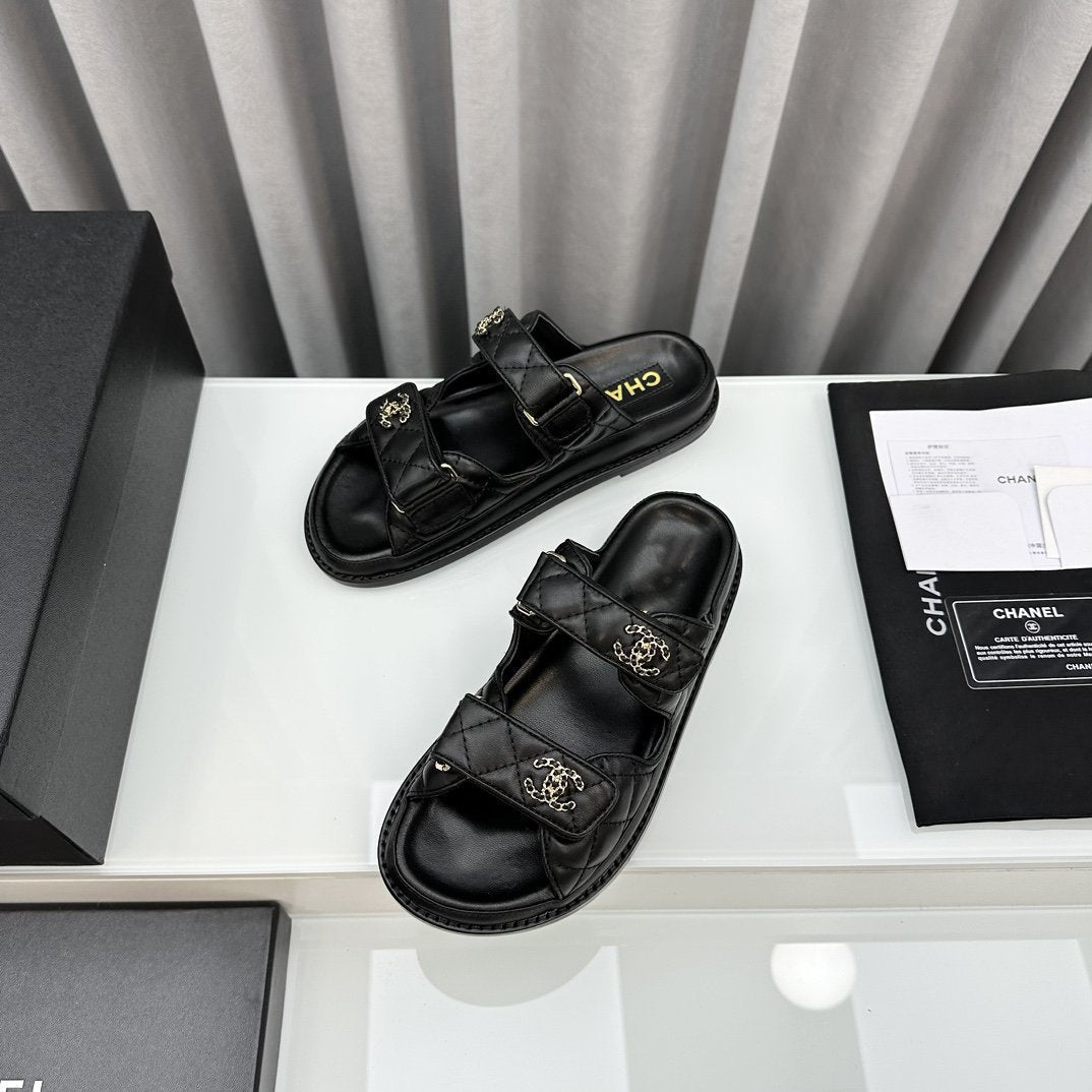 CHANEL dad sandals black patent interwoven leather