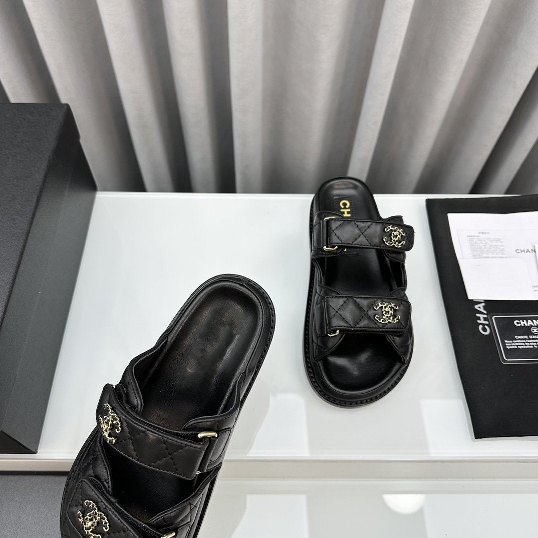 CHANEL dad sandals black patent interwoven leather