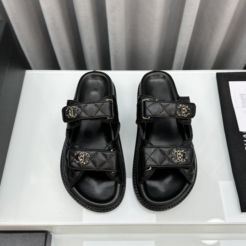 CHANEL dad sandals black patent interwoven leather
