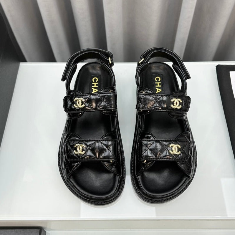 CHANEL dad sandals black patent lambskin