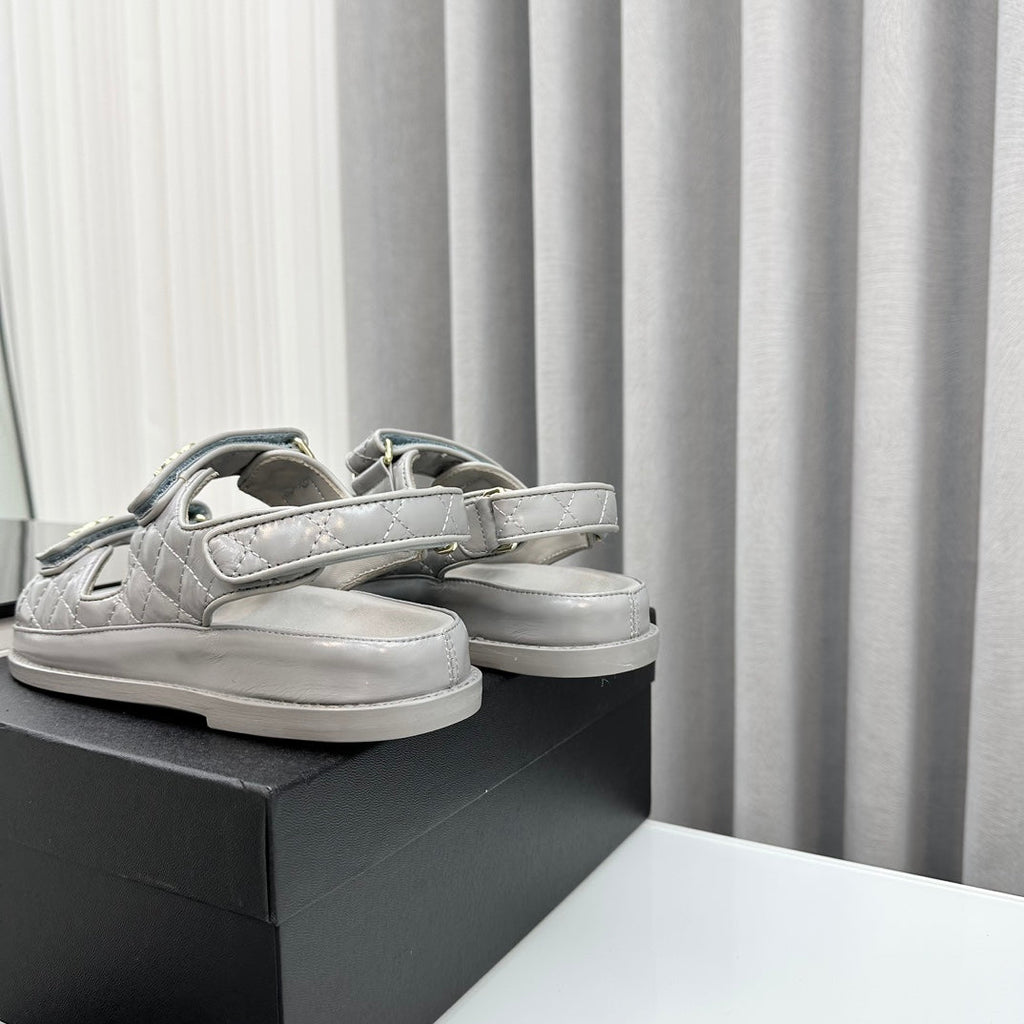 CHANEL dad sandals grey patent lambskin