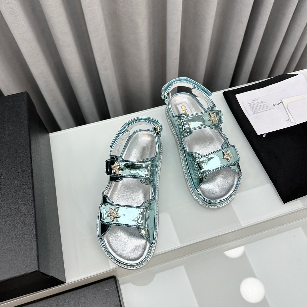 CHANEL dad sandals cloud blue metalic lambskin
