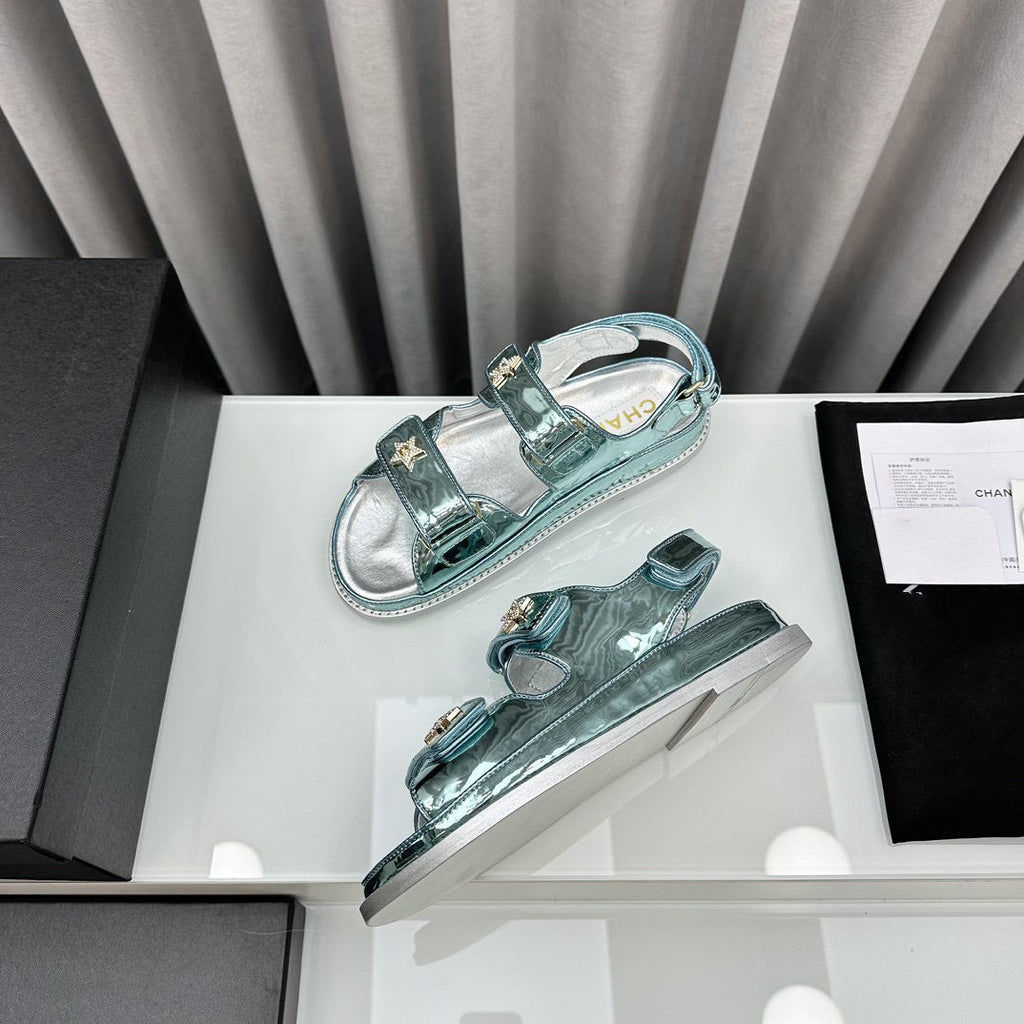 CHANEL dad sandals cloud blue metalic lambskin