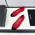 CHANEL BALLET FLATS IN RUBY RED TWEED AND BLACK CALFSKIN