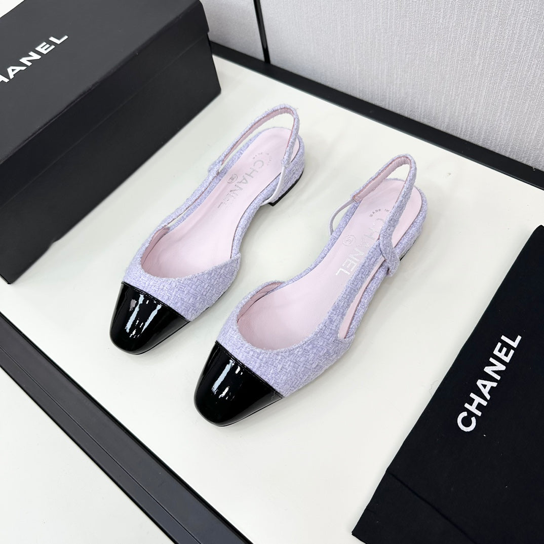 CHANEL SLINGBACK LIGHT BLUE TWEED AND BLACK CALFSKIN