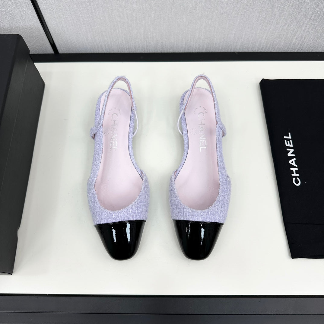 CHANEL SLINGBACK LIGHT BLUE TWEED AND BLACK CALFSKIN
