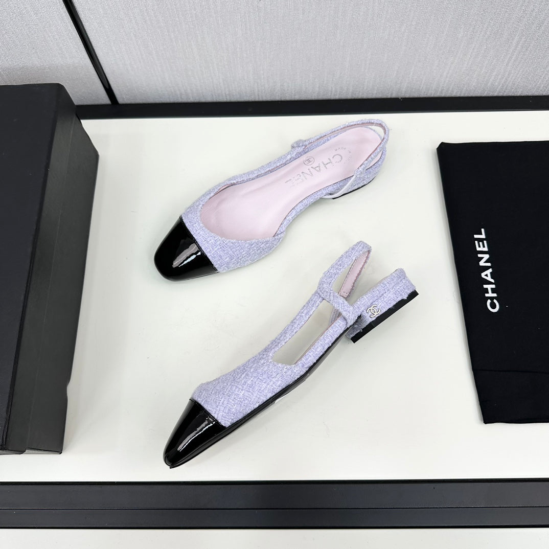 CHANEL SLINGBACK LIGHT BLUE TWEED AND BLACK CALFSKIN
