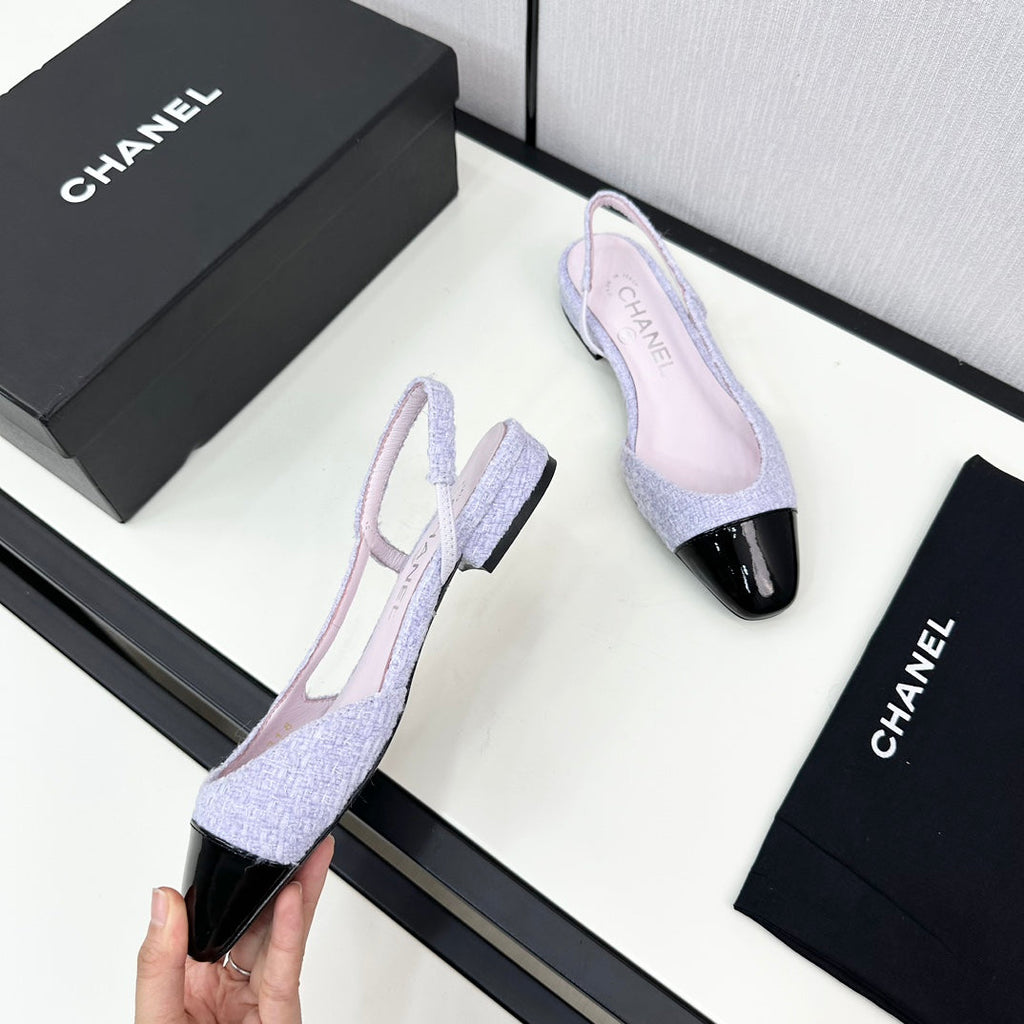 CHANEL SLINGBACK LIGHT BLUE TWEED AND BLACK CALFSKIN