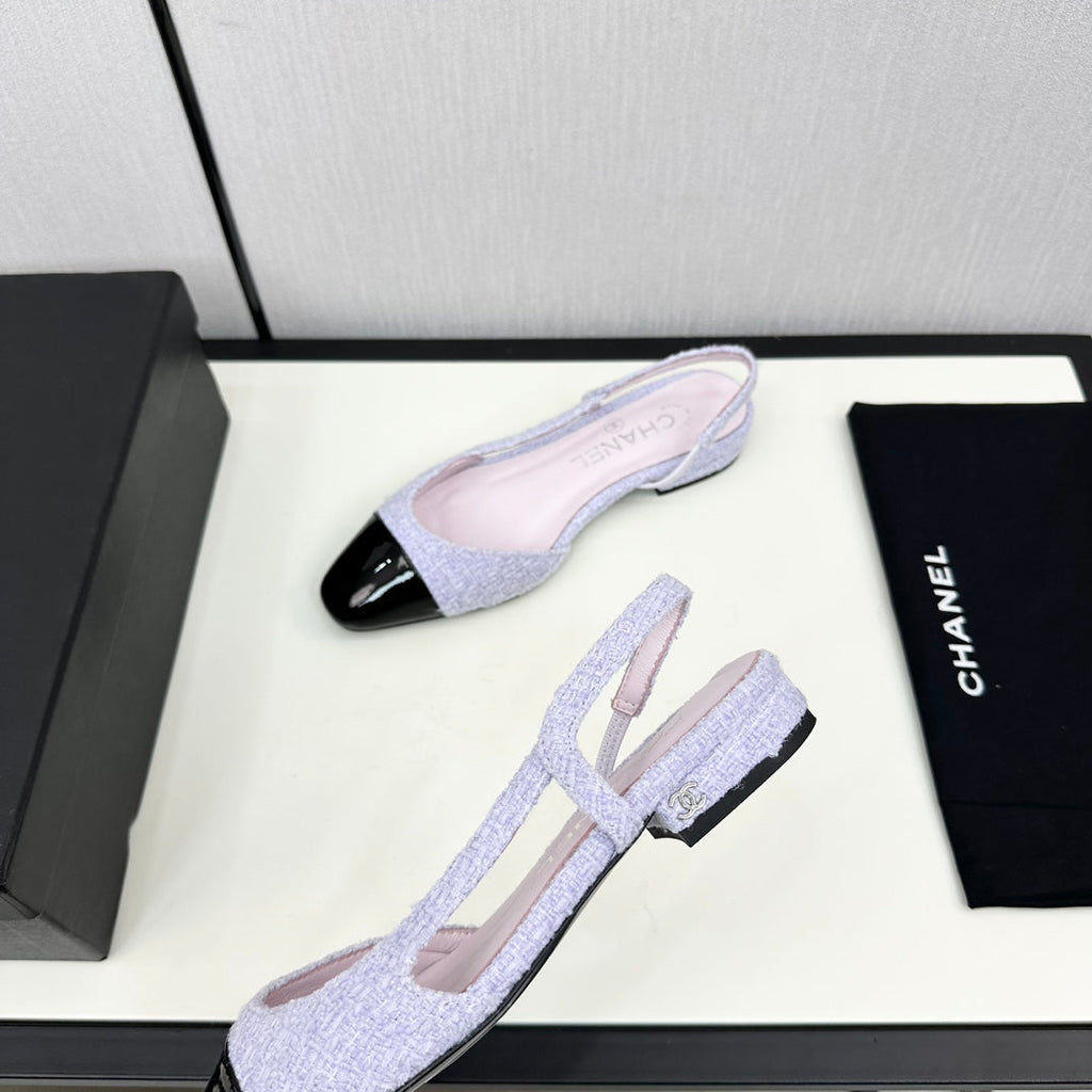 CHANEL SLINGBACK LIGHT BLUE TWEED AND BLACK CALFSKIN
