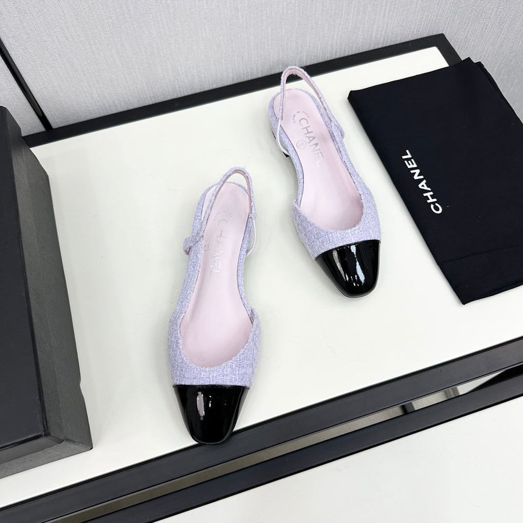 CHANEL SLINGBACK LIGHT BLUE TWEED AND BLACK CALFSKIN