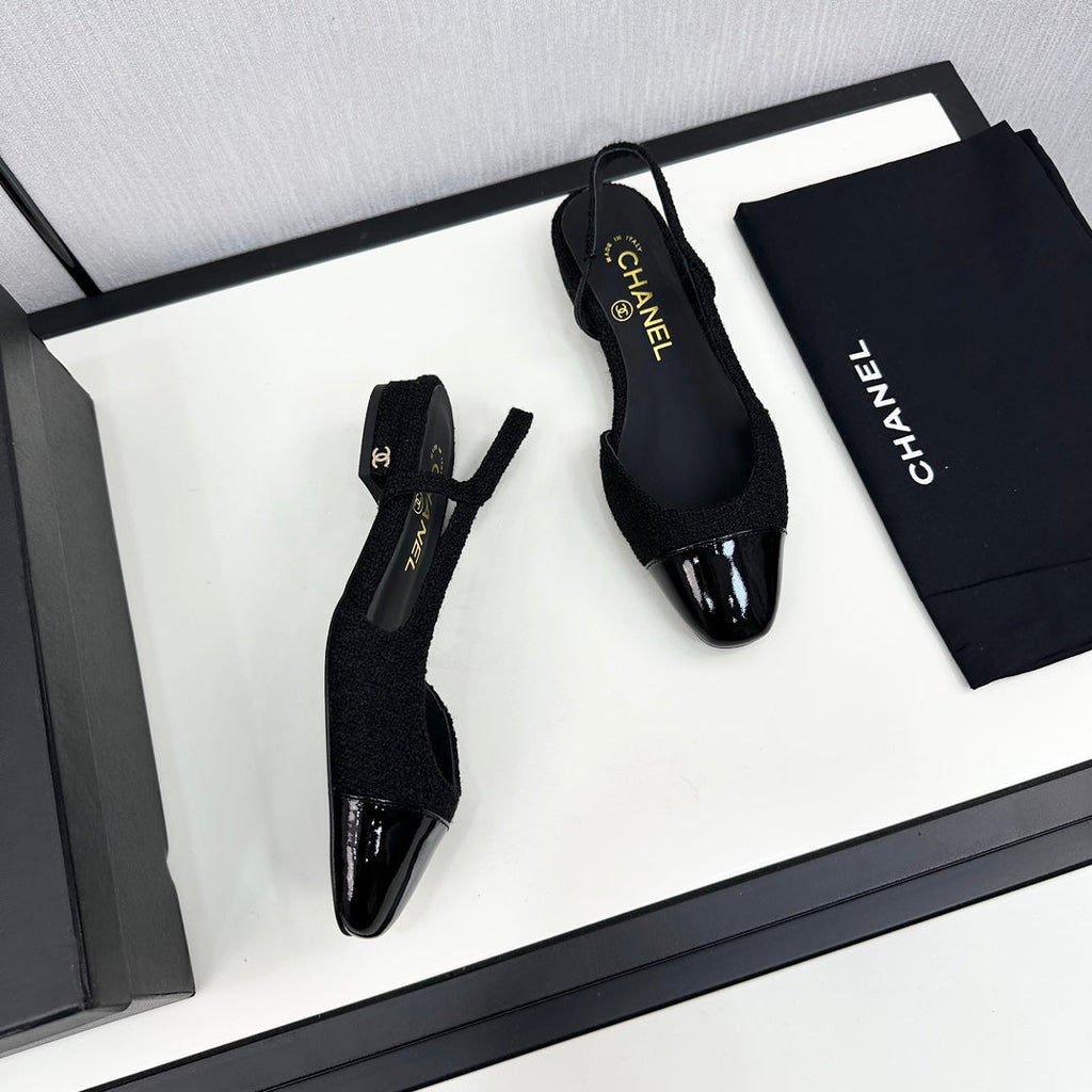 CHANEL SLINGBACK BLACK TWEED AND CALFSKIN
