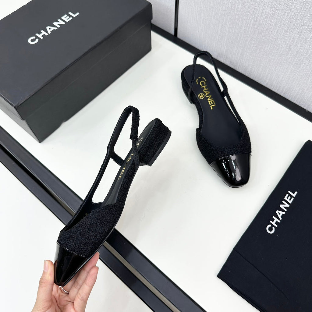 CHANEL SLINGBACK BLACK TWEED AND CALFSKIN