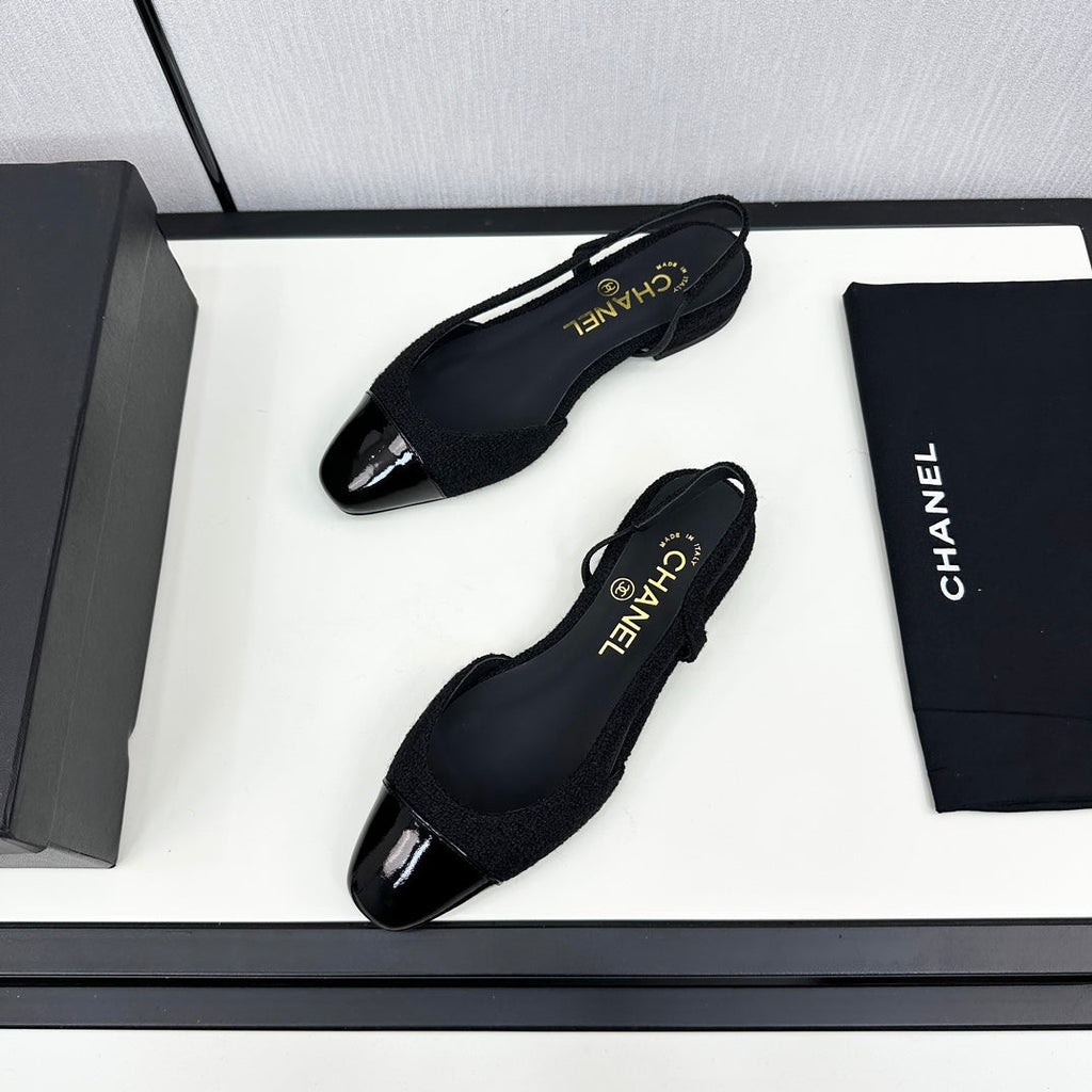 CHANEL SLINGBACK BLACK TWEED AND CALFSKIN