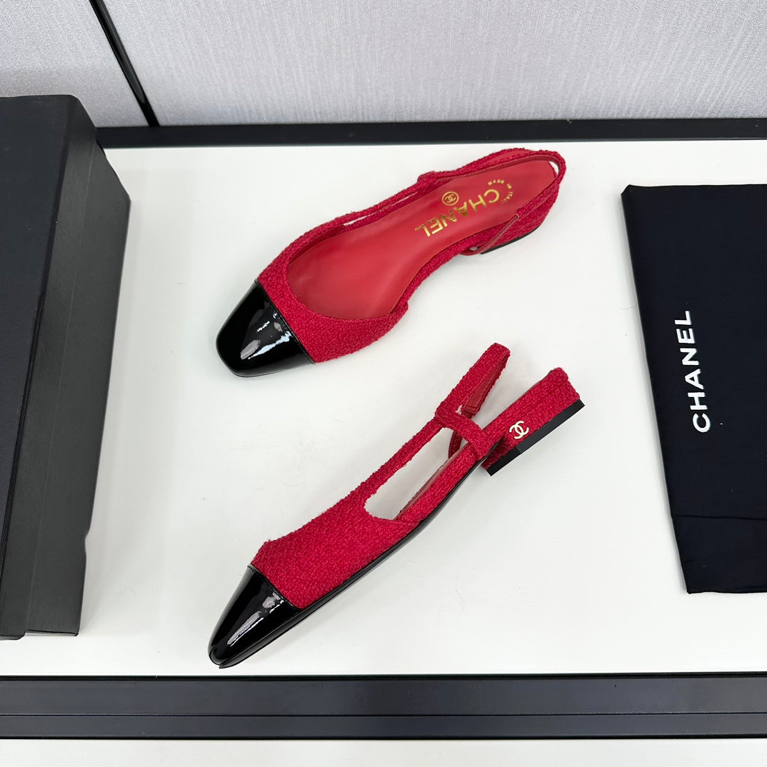 CHANEL SLINGBACK ROSE RED TWEED AND BLACK CALFSKIN