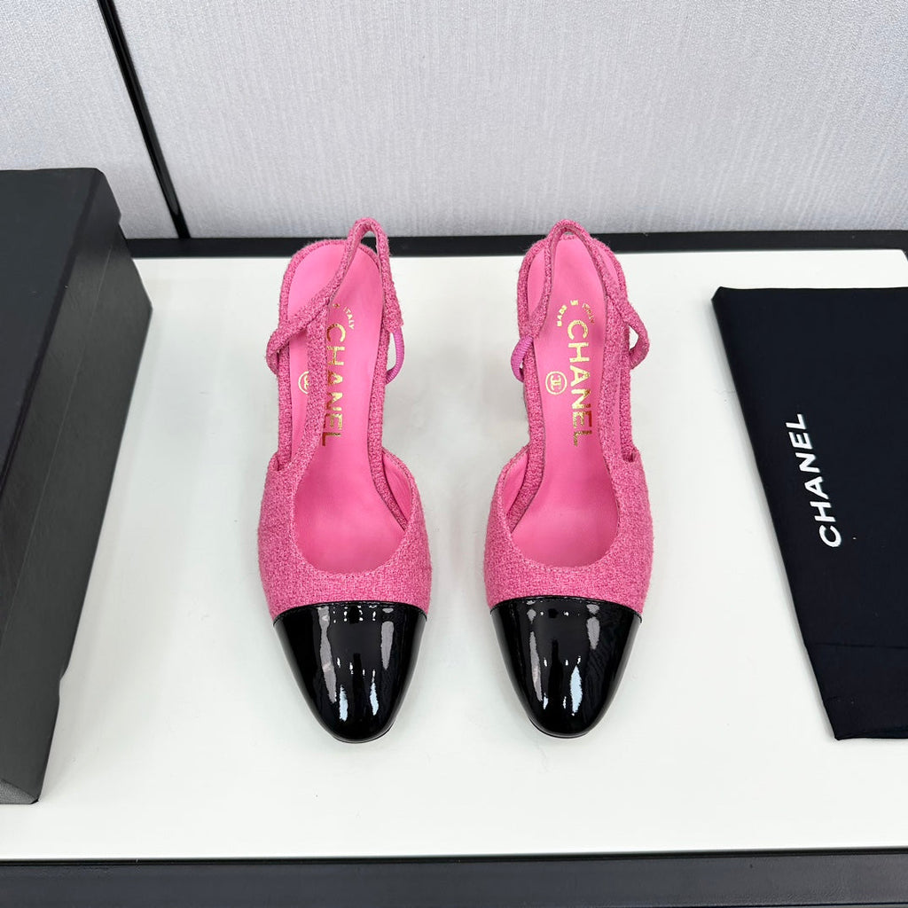 CHANEL HIGH SLINGBACK BRIGHT PINK TWEED AND BLACK CALFSKIN
