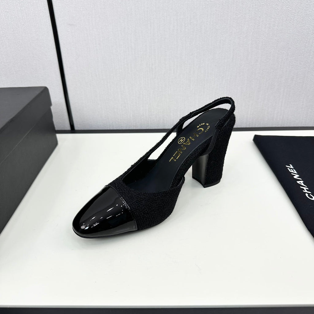 CHANEL HIGH SLINGBACK BLACK TWEED AND CALFSKIN
