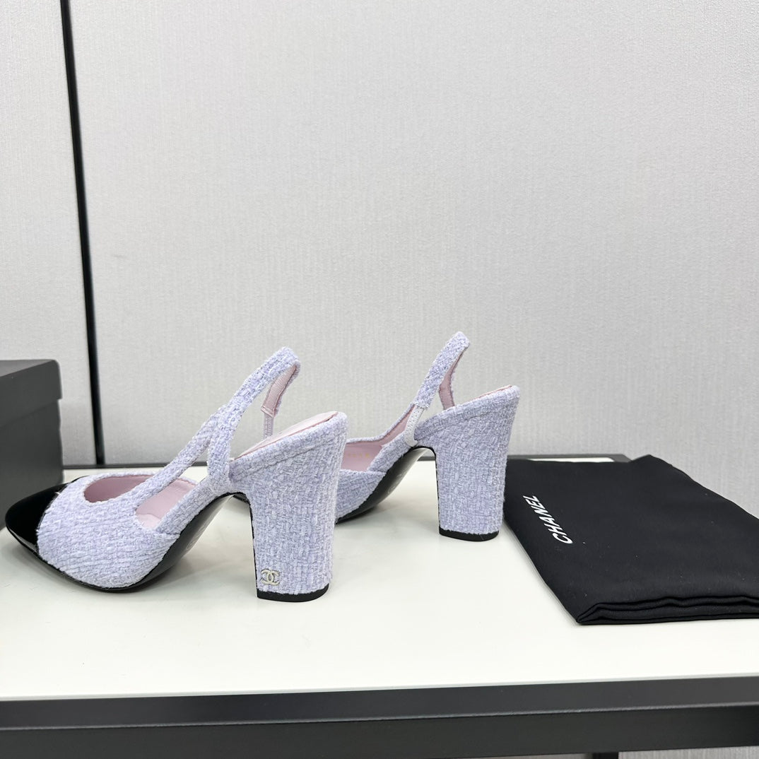 CHANEL HIGH SLINGBACK LIGHT BLUE TWEED AND BLACK CALFSKIN