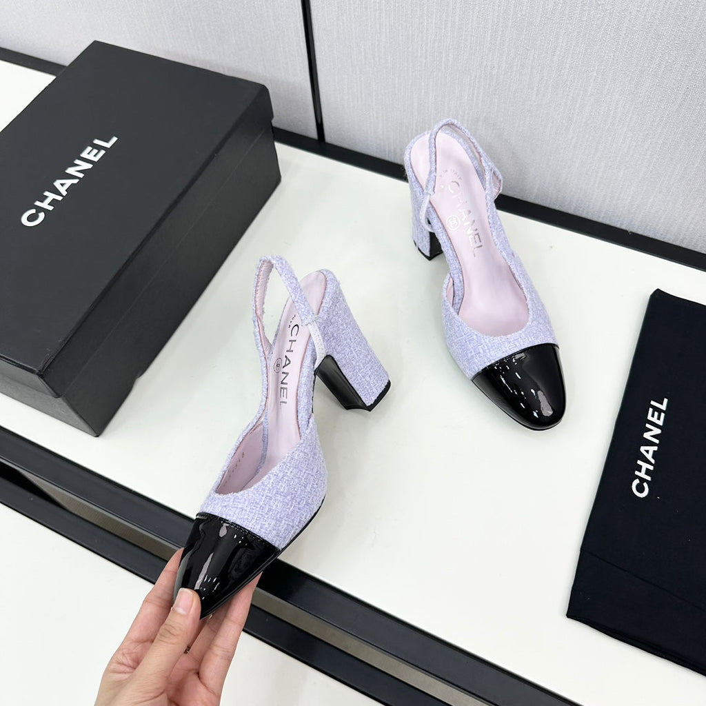 CHANEL HIGH SLINGBACK LIGHT BLUE TWEED AND BLACK CALFSKIN