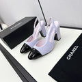 CHANEL HIGH SLINGBACK LIGHT BLUE TWEED AND BLACK CALFSKIN