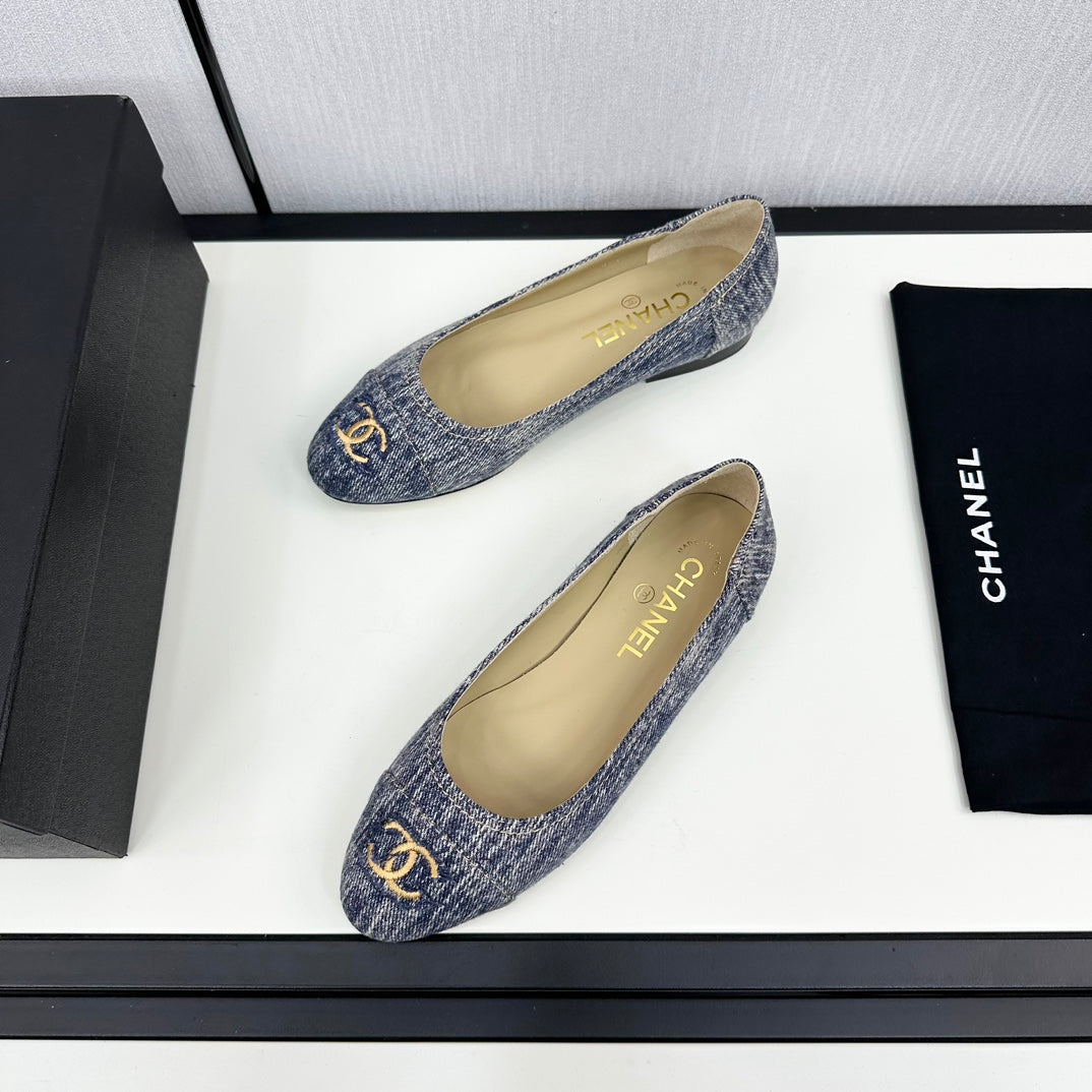 CHANEL ballet flat blue with white stripe denim 166816