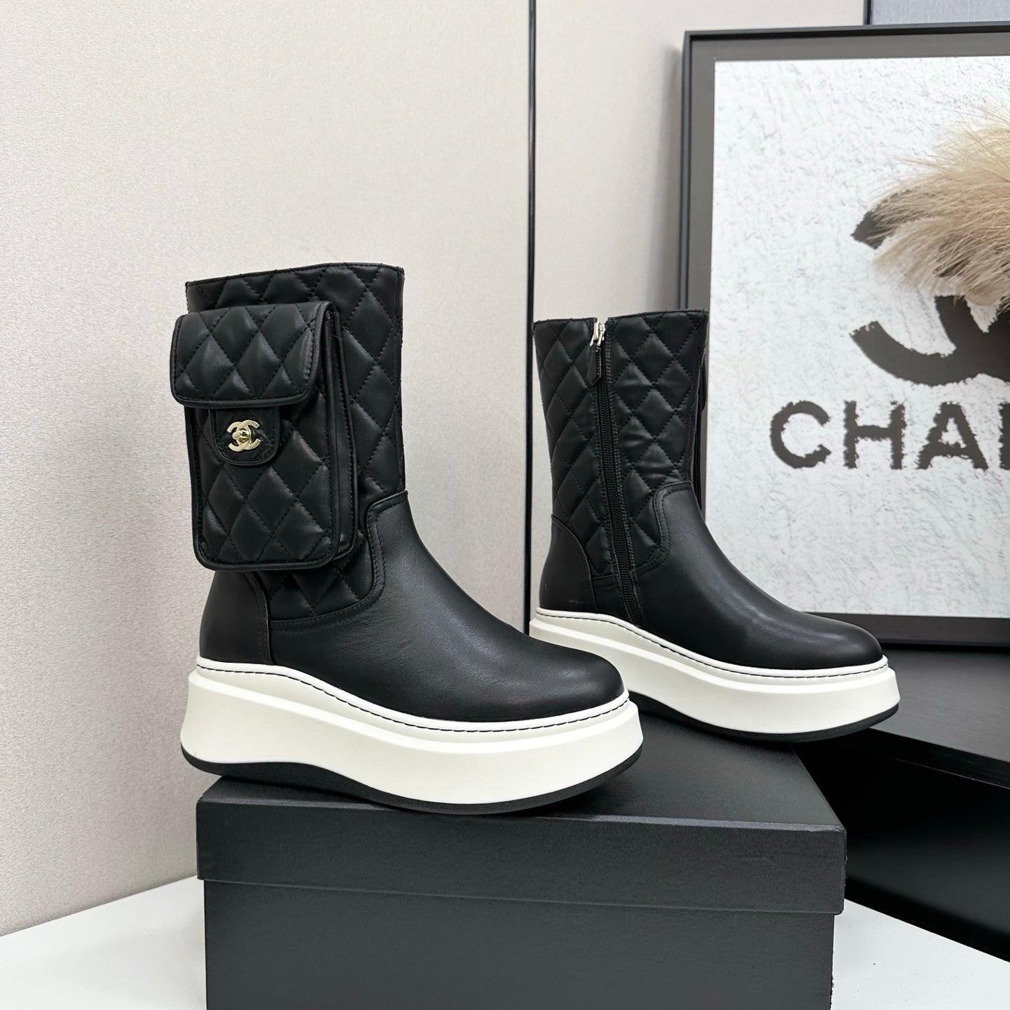 CHANEL 25S WEDGE ANKLE BOOTS IN BLACK CALFSKIN SILVER HARDWARE