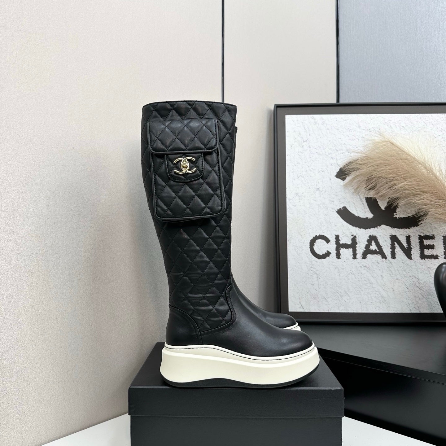 CHANEL 25S WEDGE KNEE-HIGH BOOTS IN BLACK CALFSKIN SILVER HARDWARE