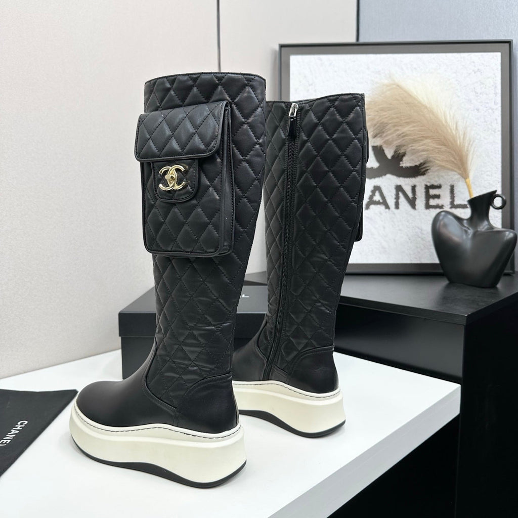 CHANEL 25S WEDGE KNEE-HIGH BOOTS IN BLACK CALFSKIN SILVER HARDWARE