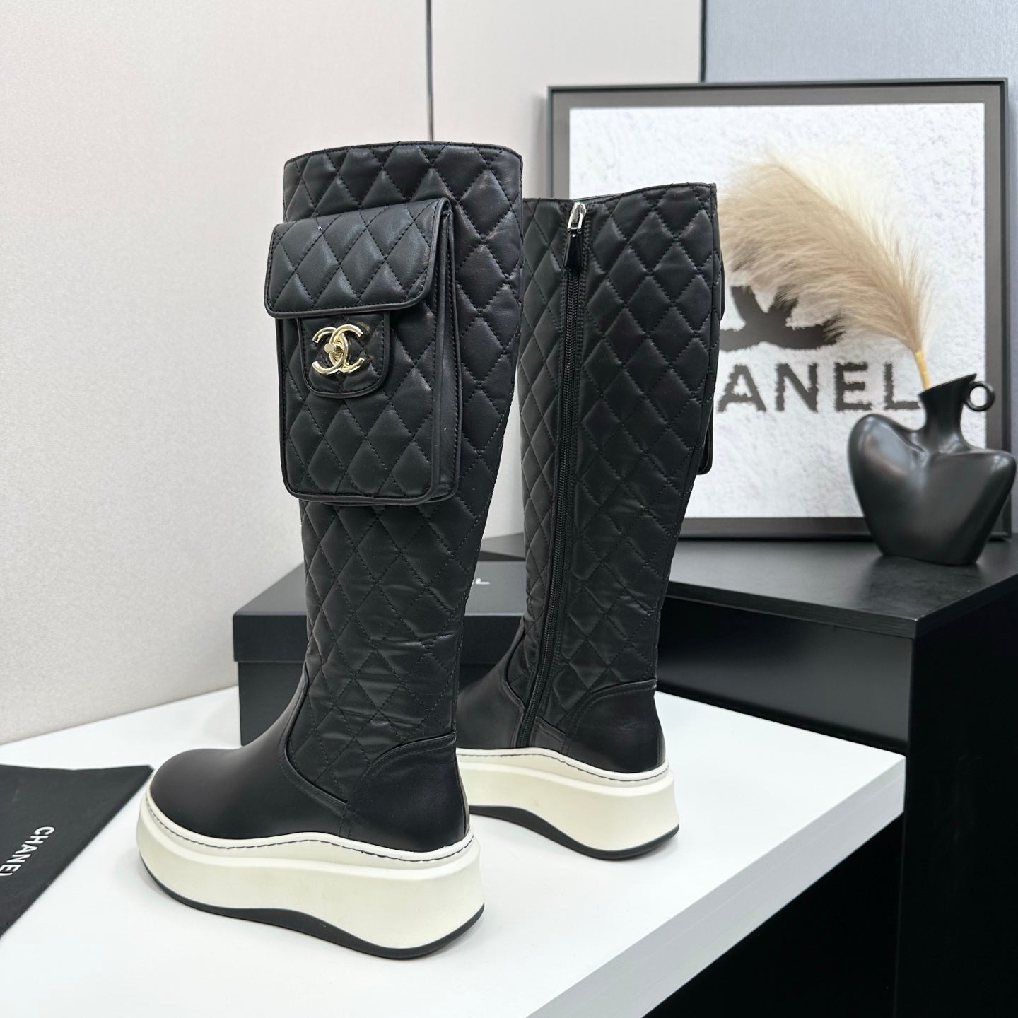 CHANEL 25S WEDGE KNEE-HIGH BOOTS IN BLACK CALFSKIN SILVER HARDWARE