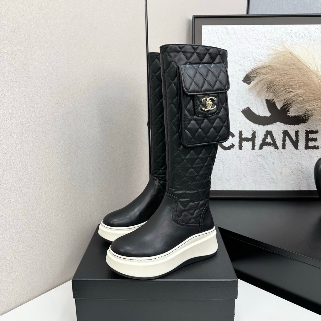 CHANEL 25S WEDGE KNEE-HIGH BOOTS IN BLACK CALFSKIN SILVER HARDWARE