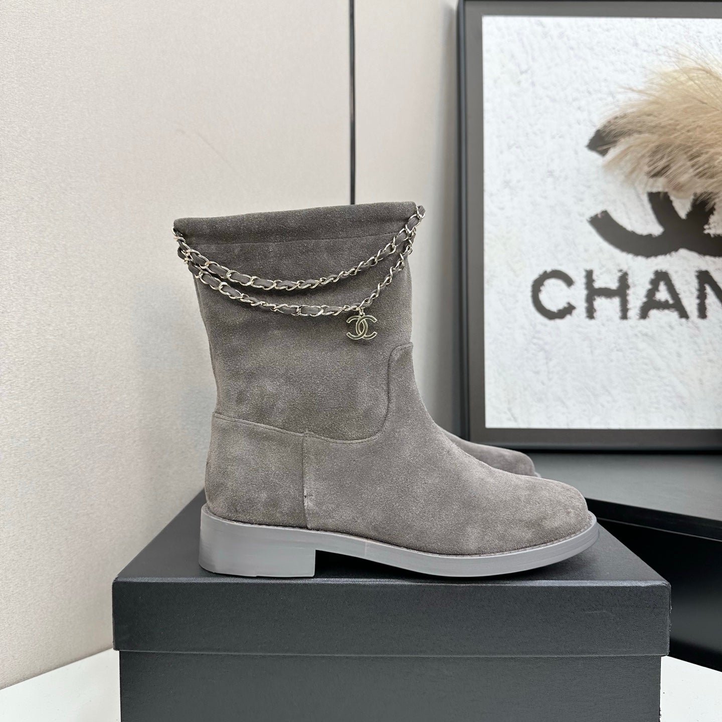 CHANEL 25S SHORT BOOTS IN GRAY SUEDE SILVER HARDWARE
