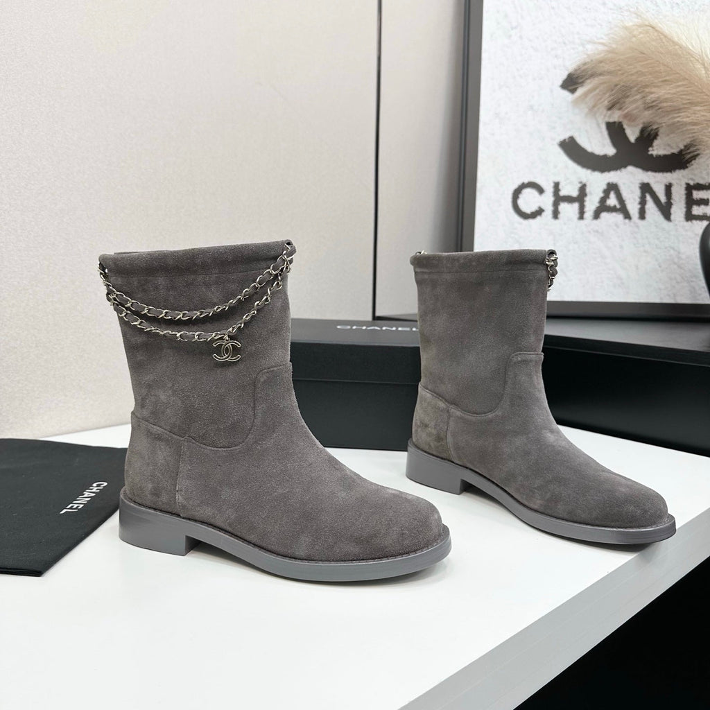 CHANEL 25S SHORT BOOTS IN GRAY SUEDE SILVER HARDWARE