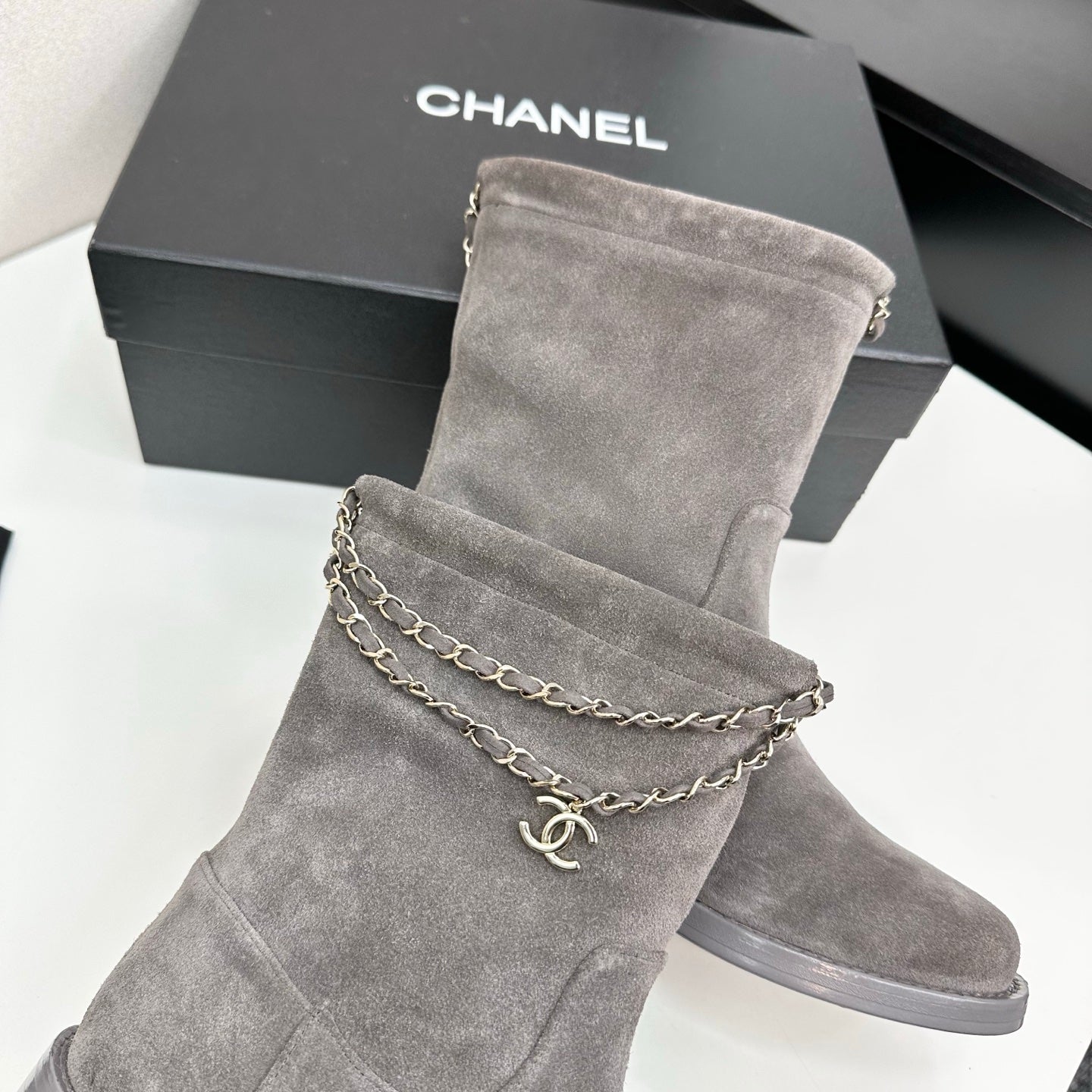 CHANEL 25S SHORT BOOTS IN GRAY SUEDE SILVER HARDWARE