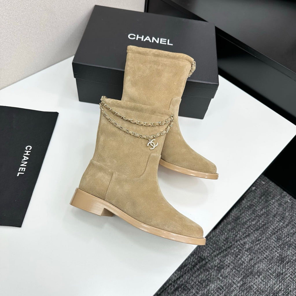 CHANEL 25S SHORT BOOTS IN LIGHT GOLD SUEDE SILVER HARDWARE