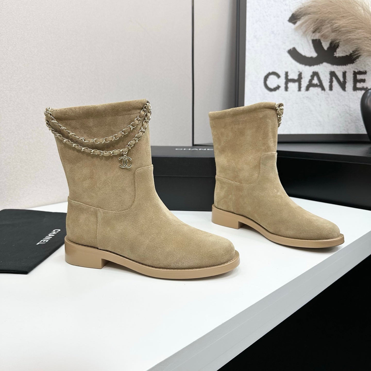 CHANEL 25S SHORT BOOTS IN LIGHT GOLD SUEDE SILVER HARDWARE