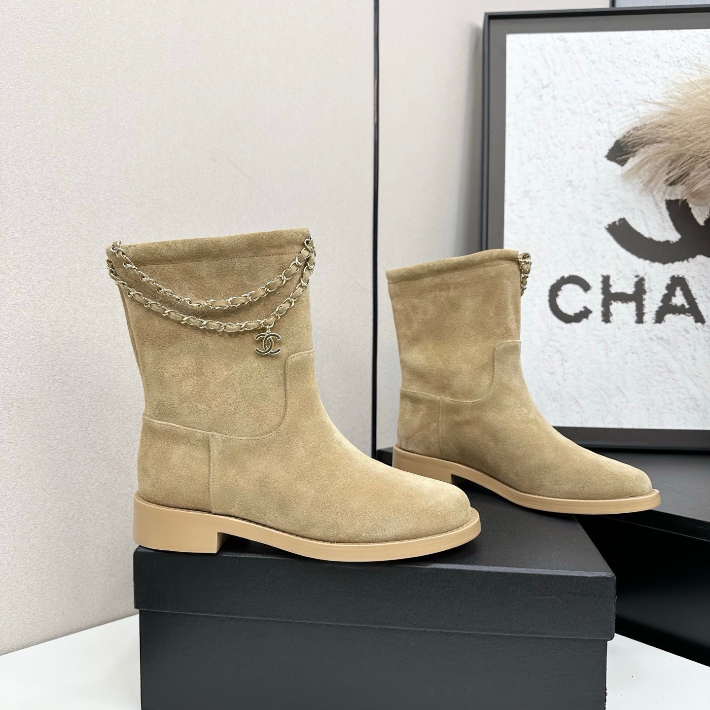 CHANEL 25S SHORT BOOTS IN LIGHT GOLD SUEDE SILVER HARDWARE