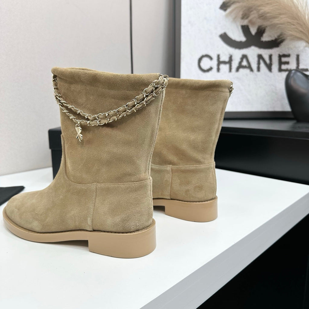 CHANEL 25S SHORT BOOTS IN LIGHT GOLD SUEDE SILVER HARDWARE
