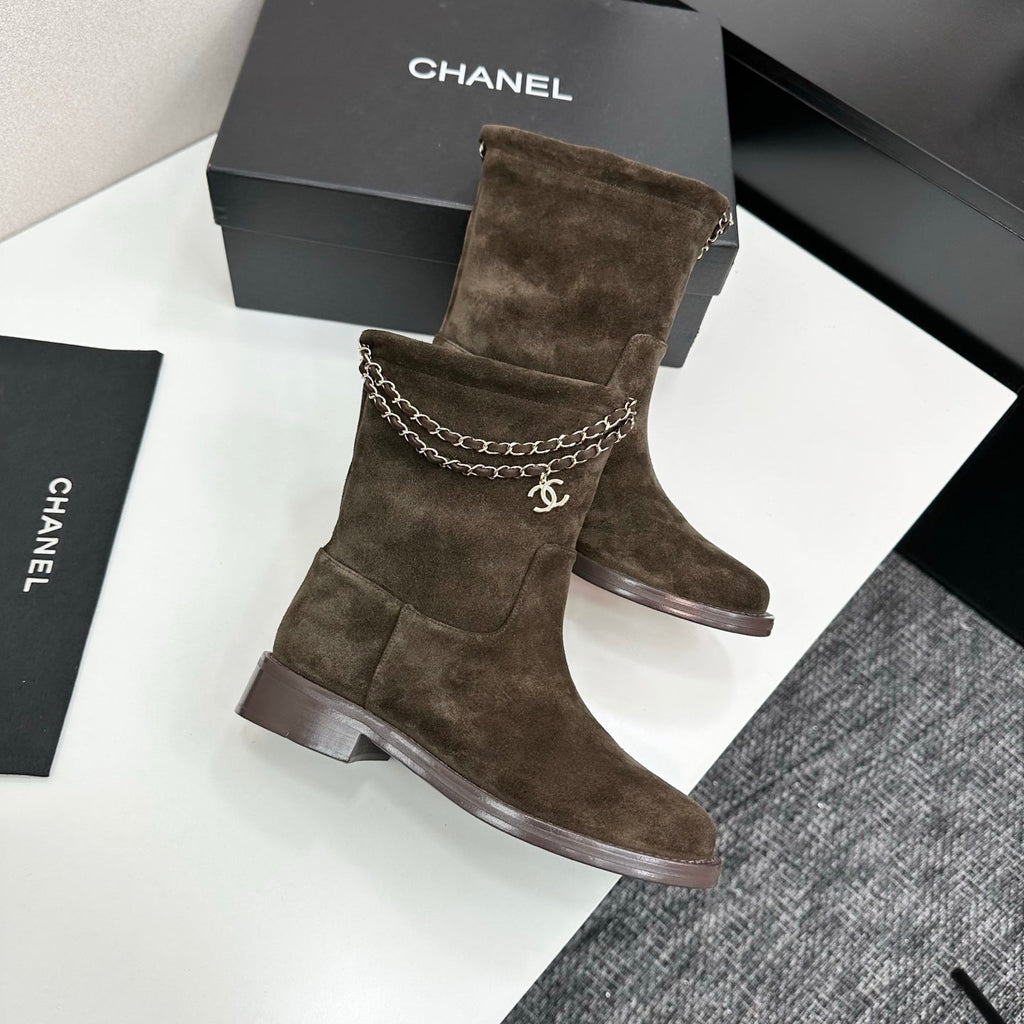 CHANEL 25S SHORT BOOTS IN BROWN SUEDE SILVER HARDWARE