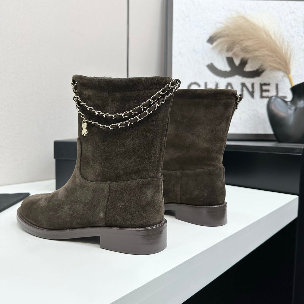 CHANEL 25S SHORT BOOTS IN BROWN SUEDE SILVER HARDWARE