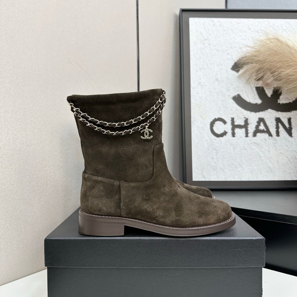 CHANEL 25S SHORT BOOTS IN BROWN SUEDE SILVER HARDWARE